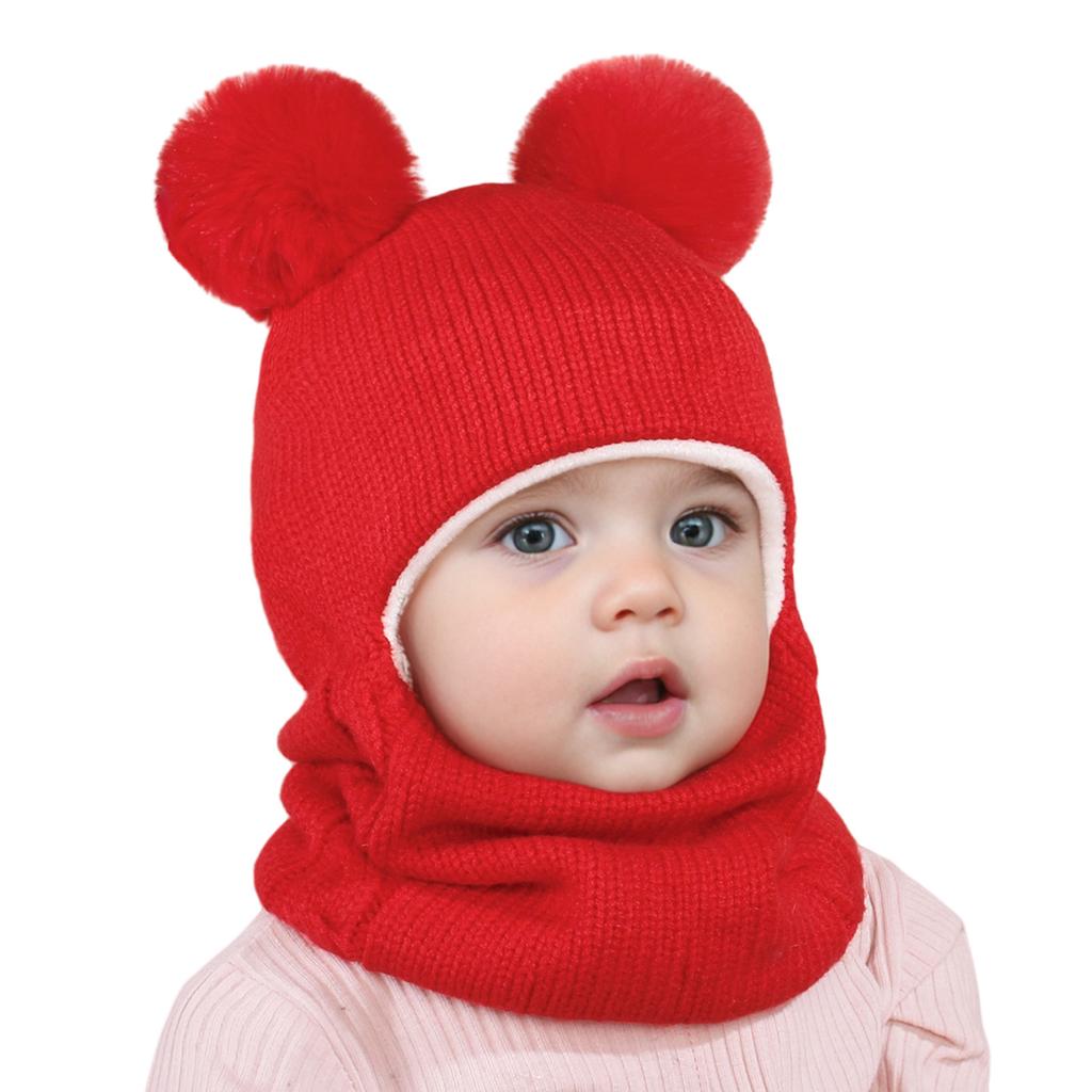 Winter Kids Balaclava Hat Double Pompom Knit Beanie Cap for Baby Boy Girl Warm Thick Fleece Lining Children One-piece Hat Scarf