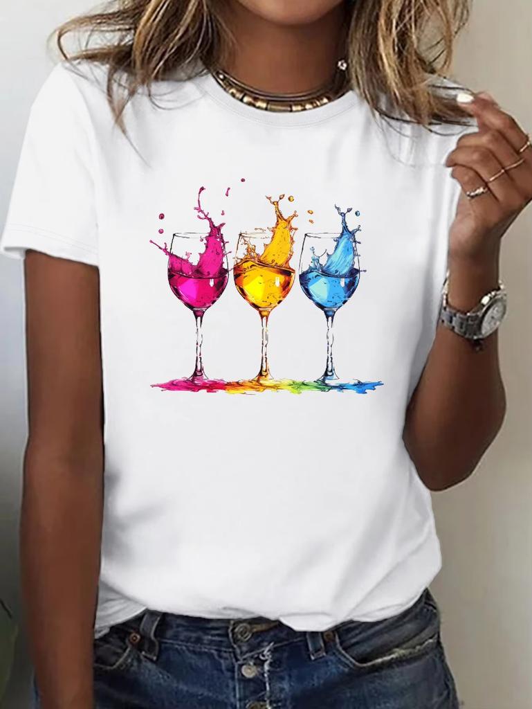 Wein Gläser Druck Rundhals T-Shirt Lässiges Kurzarm Oberteil für Frühling Sommer Damenbekleidung Ästhetische Kleidung