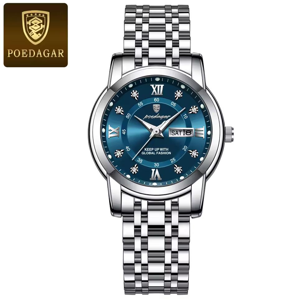 POEDAGAR Damen Edelstahl Dail Elegante Wasserdichte Leuchtende Quarz Datum Armbanduhren, Modische Damenuhr