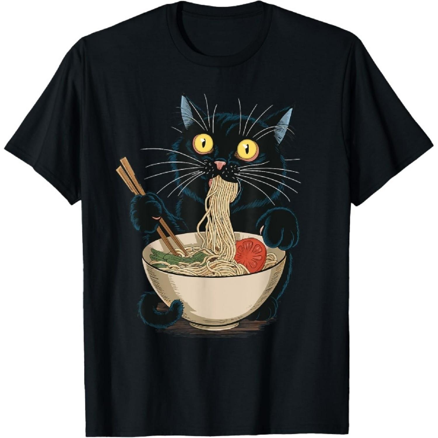 

Funny Japanese Cat Eating Ramen Vintage Japanese Noodles T-Shirt XXXXXL чорний
