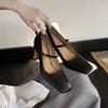 French square head thick heel Mary Jane single shoes women's 2025 new retro style one-word buckle with light mouth high heels
