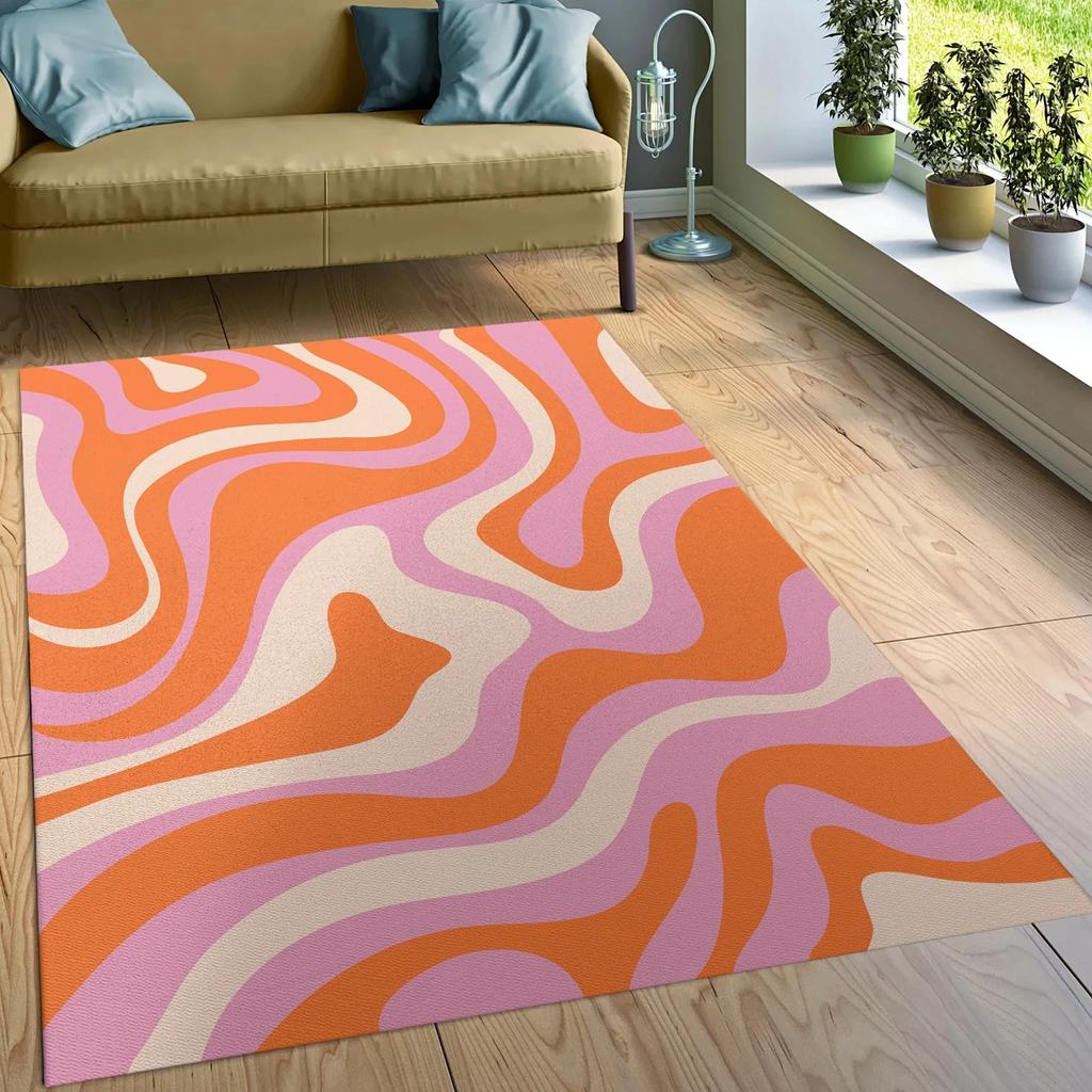 Orange Pink Wavy Retro Area Rug 70s Rug Wavy Trippy Rug Psychedelic Pink Groovy Rug Rugs For Living Room Bedroom Aesthetic Rug