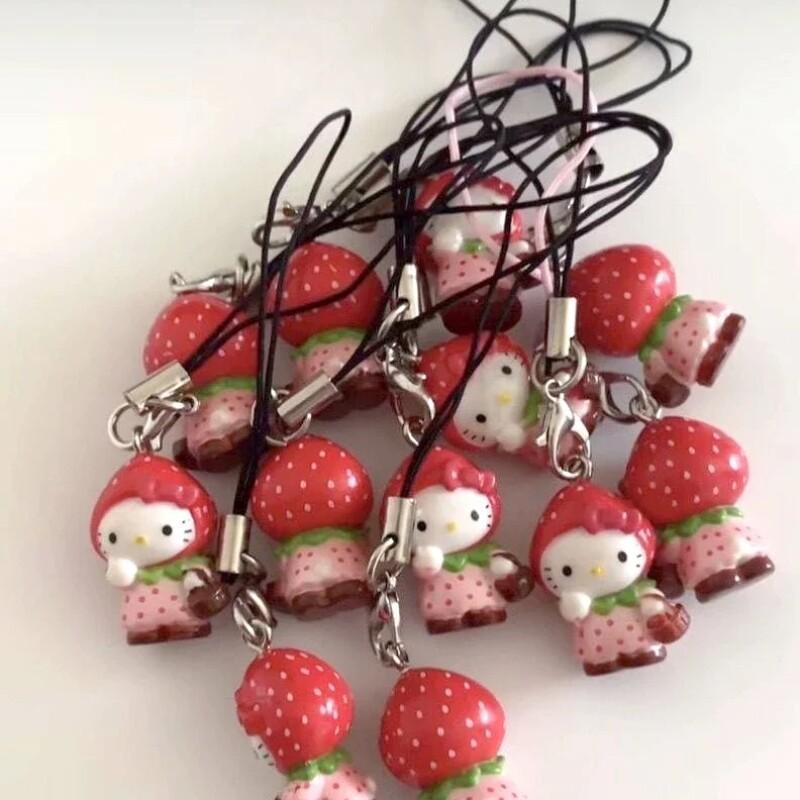 Sanrio Strawberry Hello Kitty Mobile Phone Pendant Cute Funny DIY Backpack Pendant Keychains Decoration Friend Birthday Gift