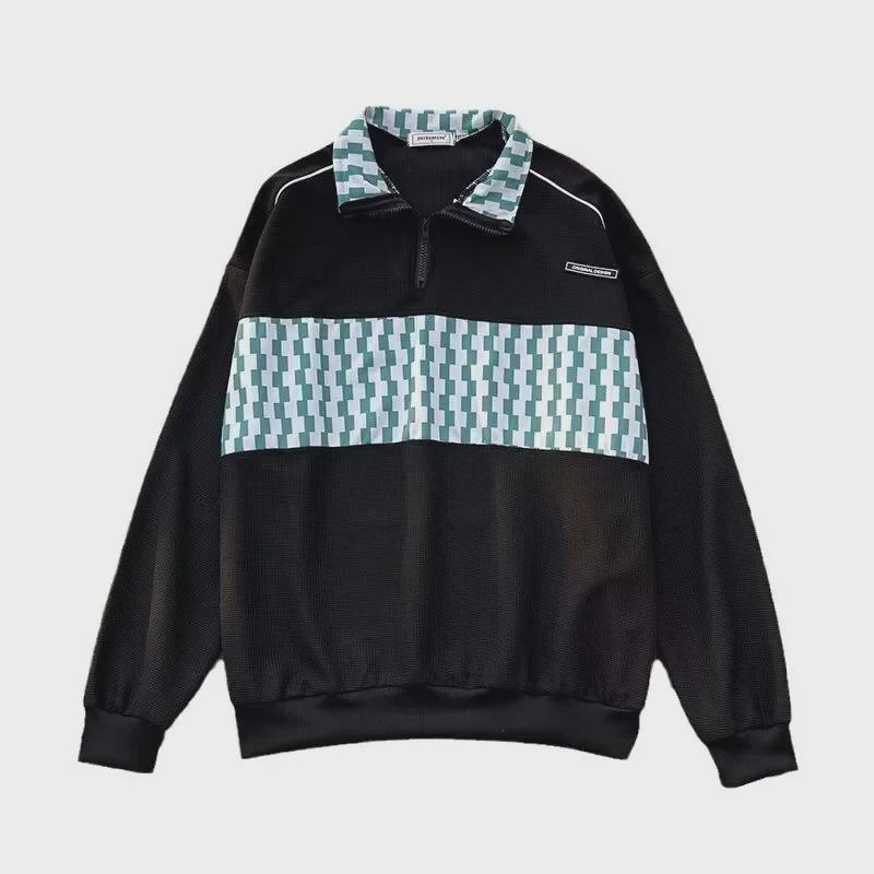 Men's Spring Casual Checkerboard Polo-Collar Sweatshirt - Retro, Loose-Fit Fashion Trend