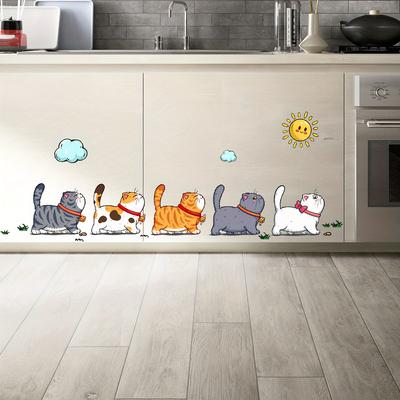 1 Blatt Kätzchen Freizeitspaziergang Wandaufkleber für Wohnzimmer Schlafzimmer Wand Wasserdichte Vinyl-Abziehbilder Cartoon-Tier Heimdekoration