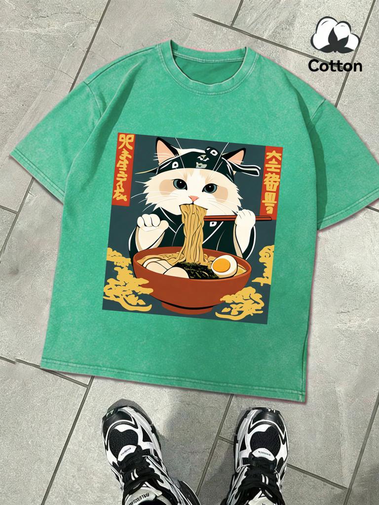 Cats Who Like Lamian Noodles Very Much Washed TShirt Men Fashion Cotton TShirts ONeck Clothing Casual Unisex Loose Summer Top