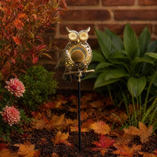 Solar Owl Garden Light, Outdoor Metal Owl Solar Light with Stake, LED Warm Glow Pathway Light for Backyard Patio Lawn Flower Bed