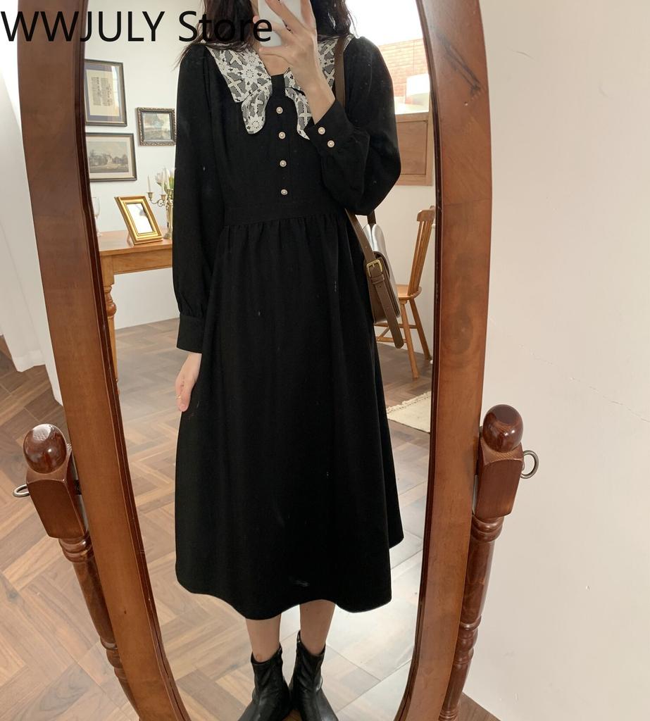 Buy 21 Winter Black Lace Vintage Dress Women Casual Party One Piece Dress Korean Fahsion Long Sleeve Kawaii Midi Dress Females At Affordable Prices Free Shipping Real Reviews With Photos Joom