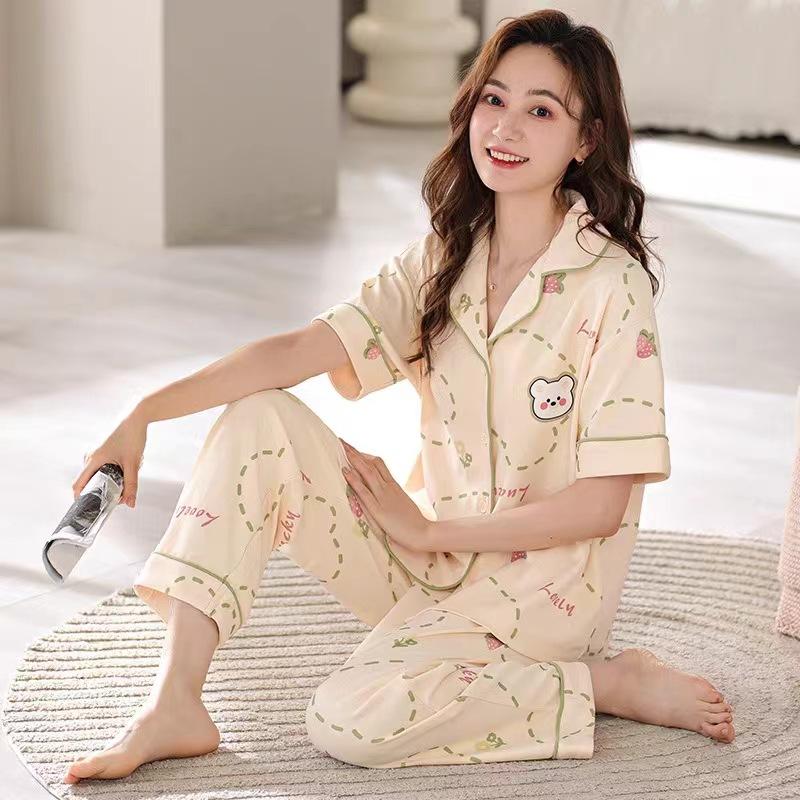 Foreign Trade Pajamas Female Cute Cartoon Bear Cardigan Short-Sleeved Trousers Soft Skin-Friendly Loungewear Suit Women