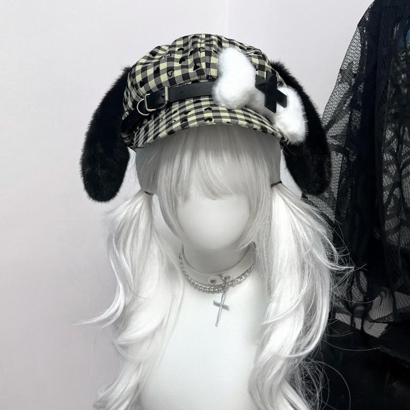 Dog Bone Pattern Hat Trendy Plush Lovely Styles Hat Vintage Check Beret Hat for Trendy Youth