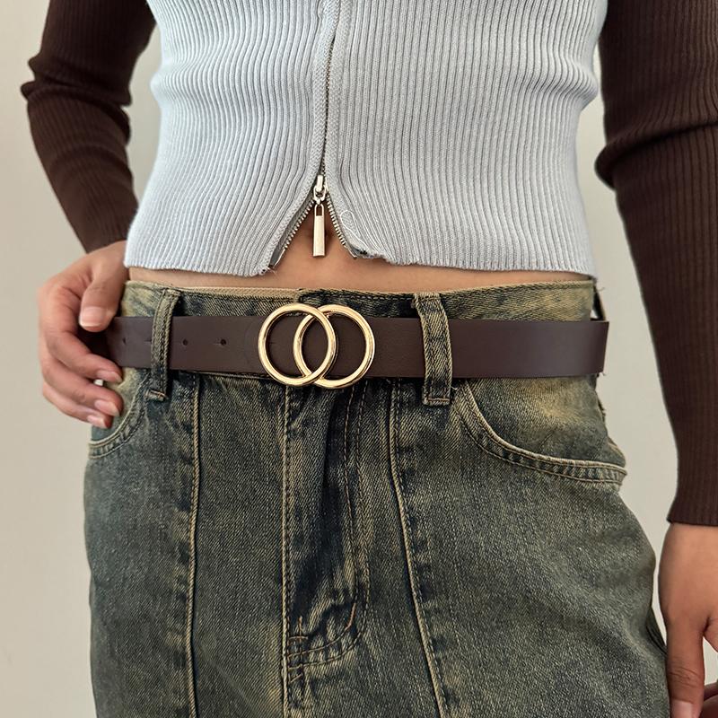 Fashion Women's Belt luxury Double Round Buckle Belt Simple And Versatile Pu Belt for women With Jeans suit for daily business