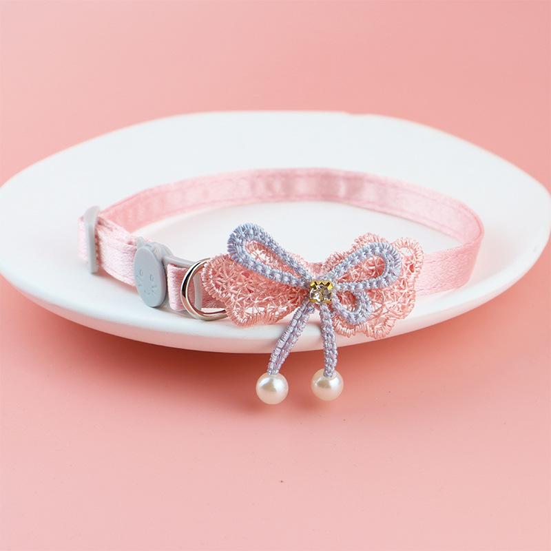Wholesale High-Quality Cute Cat Collar High Gloss Polyester Fabric Monochrome with Bell or Pearl Decoration M