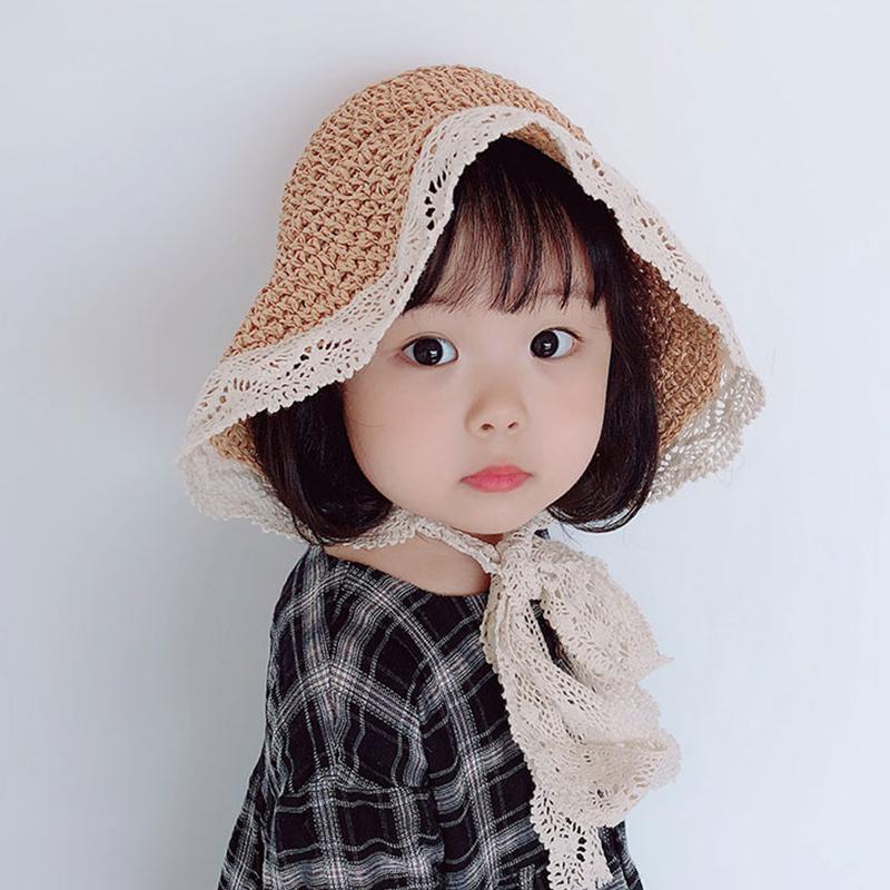 Cute Lace Girls Straw Hat Summer Bow Girls Boys Sun Cap Wide Brim Sun Protection Kids Fisherman Hat Beach Panama Caps