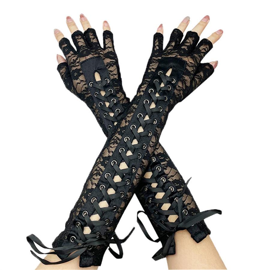Guanti lunghi senza dita in pizzo con allacciatura a corsetto, Cosplay Gotico