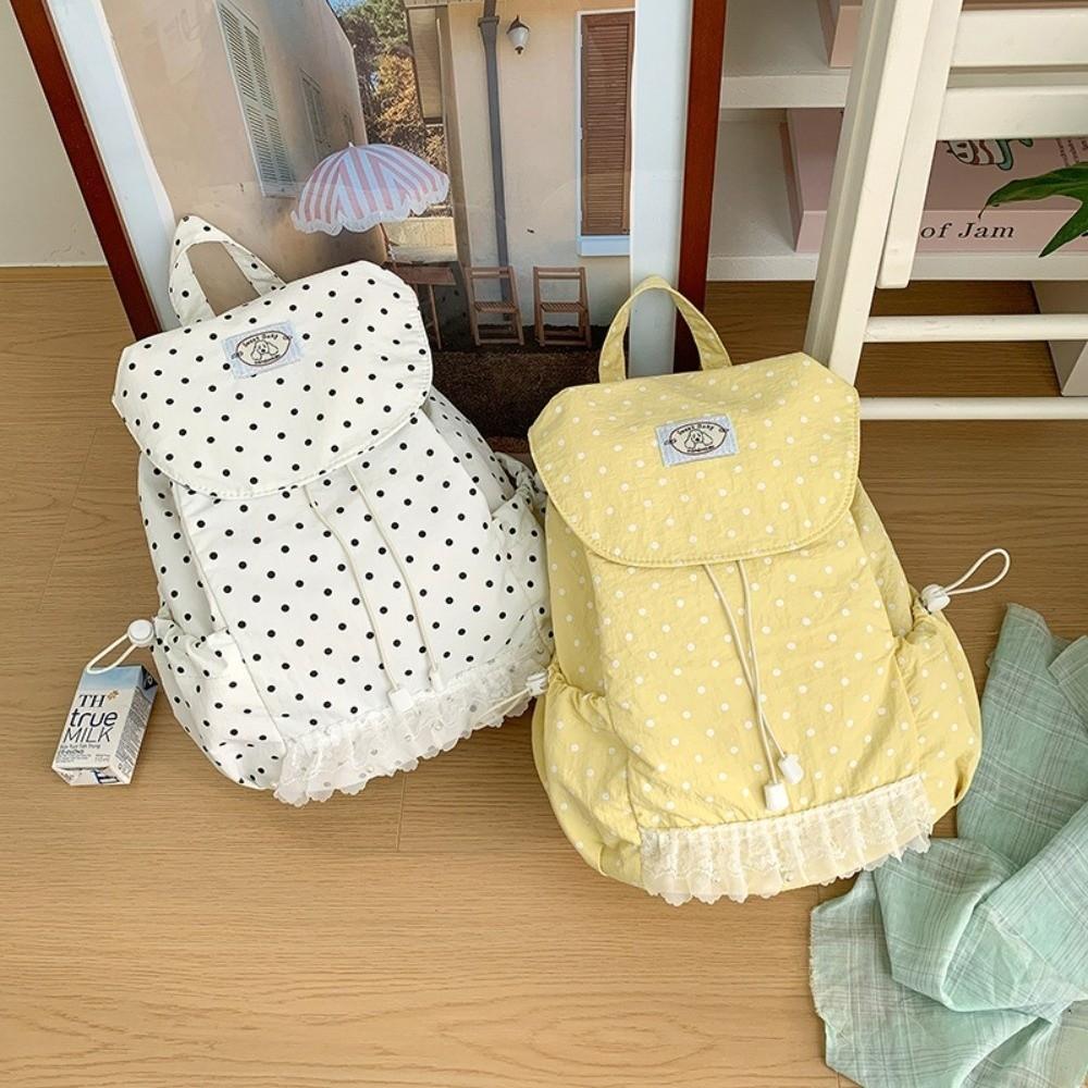 Korean Style Polka Dot Backpack Large Capacity Lace Trimmed Drawstring Backpack Drawstring Closure Flip Design School Daypack