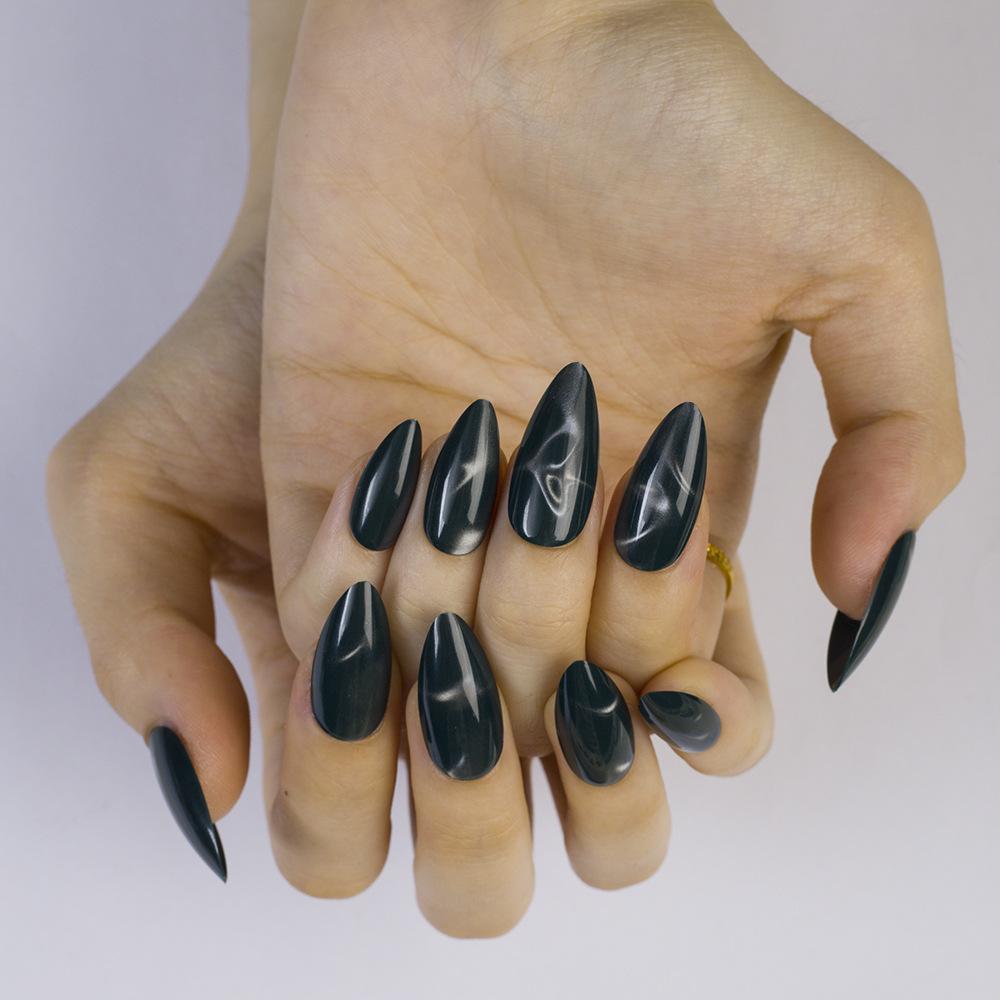 24 Wearable Nails, Medium Long Almond Nails, Black Cat-eye Manicure Nails, Wearable Fake Nails