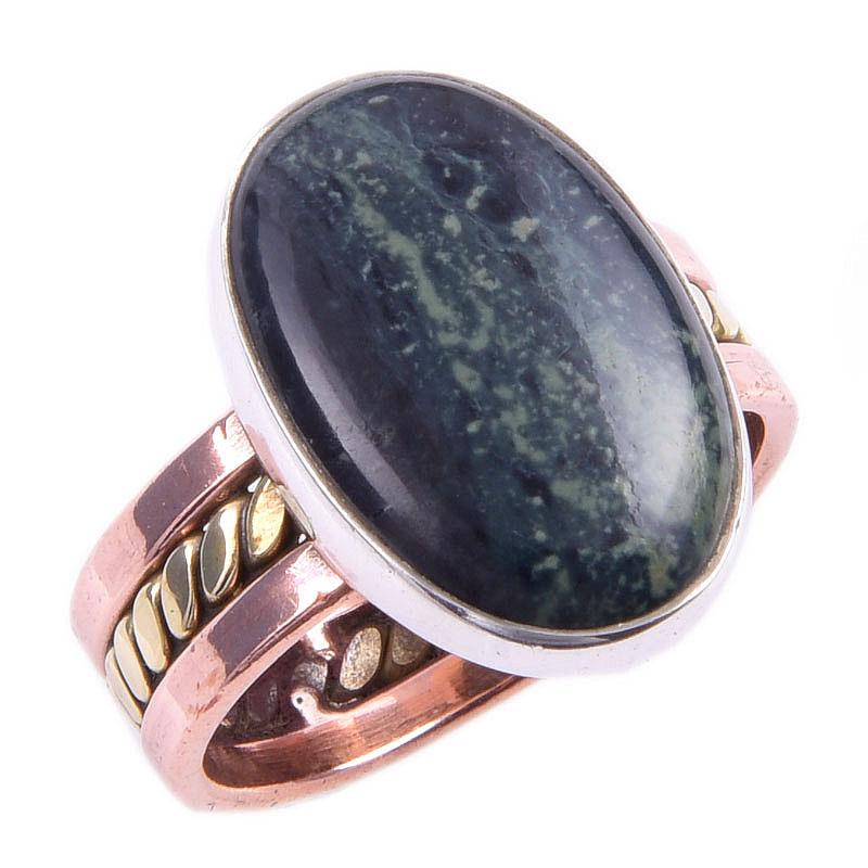 Natural Green Pietersite Gemstone 925 Sterling Silver Two Tone Ring S.7.5 r6M43