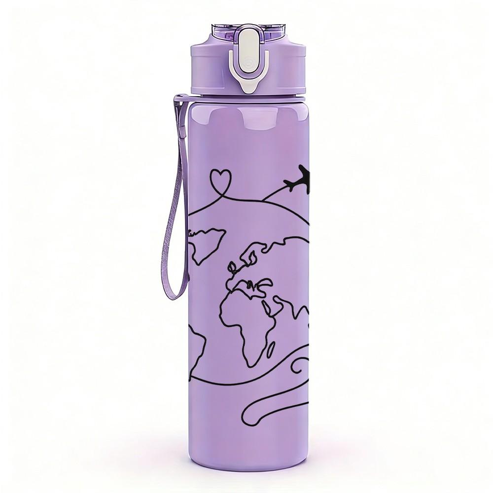 1PC Globe Travel Airplane Sketch 750ml Color Plastic Sports Water Bottle Leakproof Flip Straw Lid Suitable for Sports Office Home Use