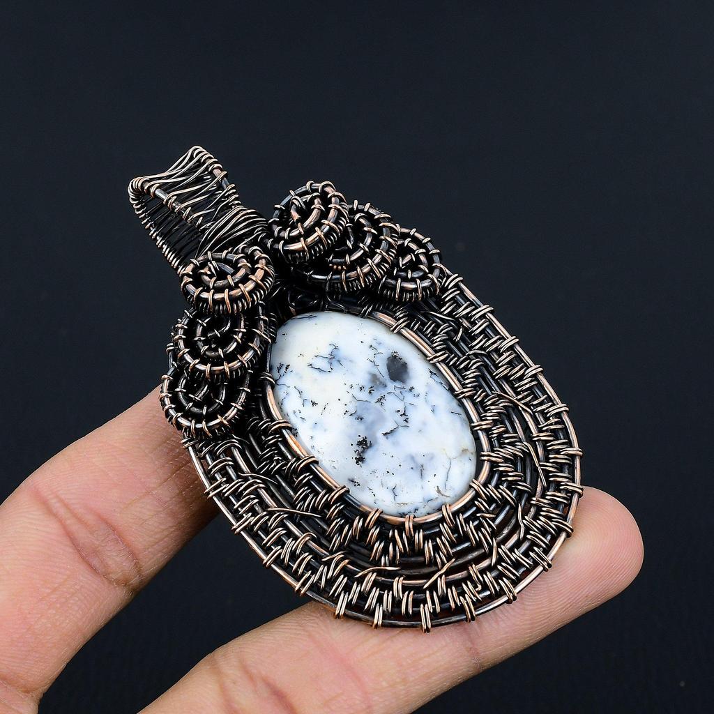 Dendrite Opal 999 Copper Wire Wrapped Pendant, Handmade Gemstone Jewelry Pendant Gift For Birthday