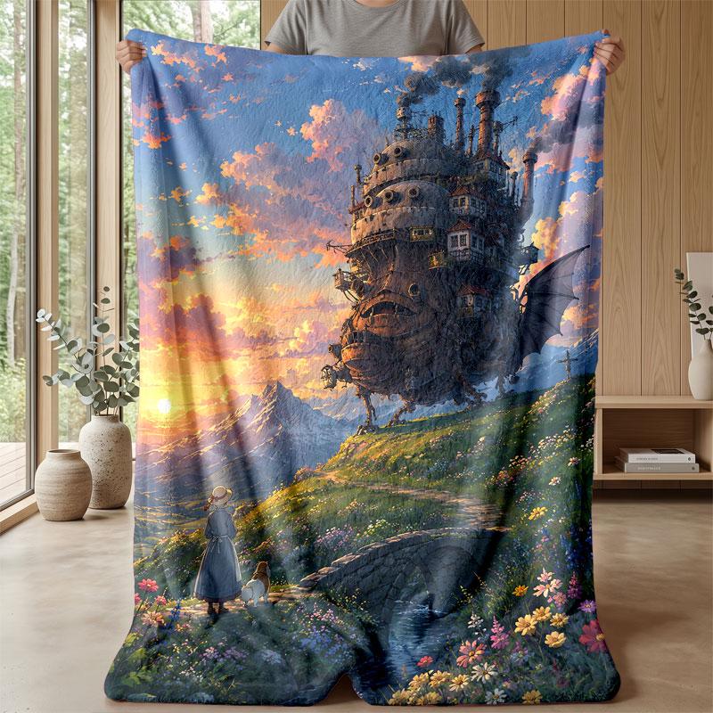 Soft Flannel Blanket Lightweight Cozy Bedroom Living Room CoverHowl's Moving Castle