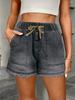 Women's Elastic Drawstring Mid Rise Straight Denim Shorts Non Stretch Frayed Hem Washed Casual Bermuda Shorts