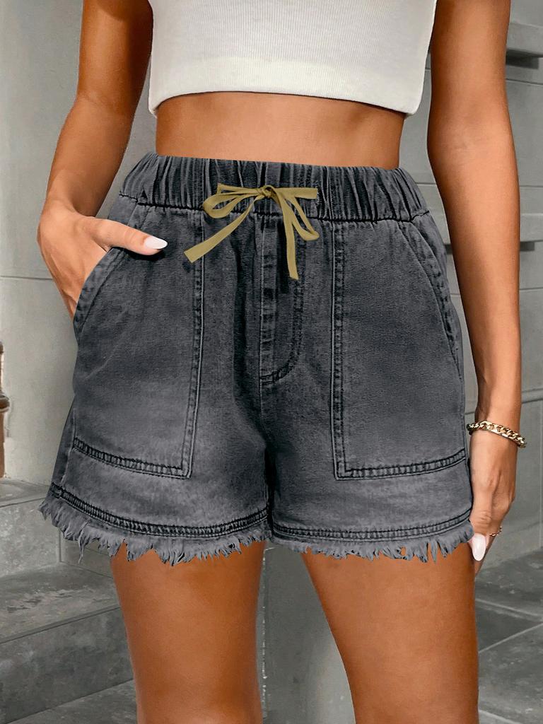 Women's Elastic Drawstring Mid Rise Straight Denim Shorts Non Stretch Frayed Hem Washed Casual Bermuda Shorts