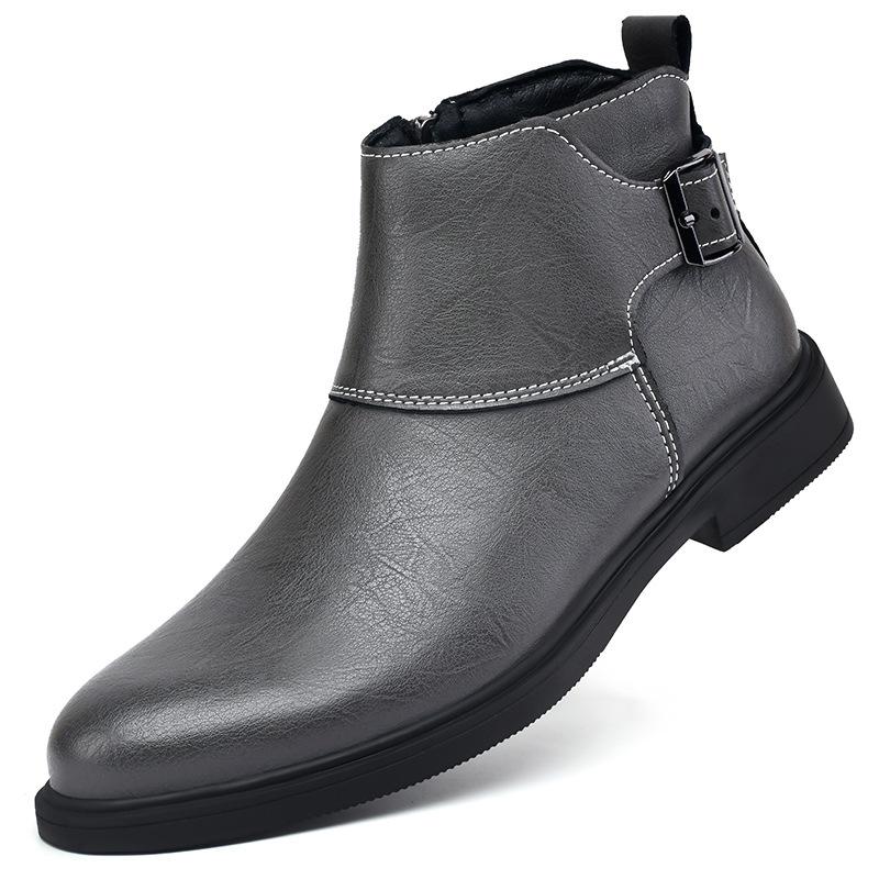 Men Fleece Lined Warm Ankle Leather Boots Round Toe Side Zipper Buckle Strap Short Booties Business Casual Shoes For Cold Winter