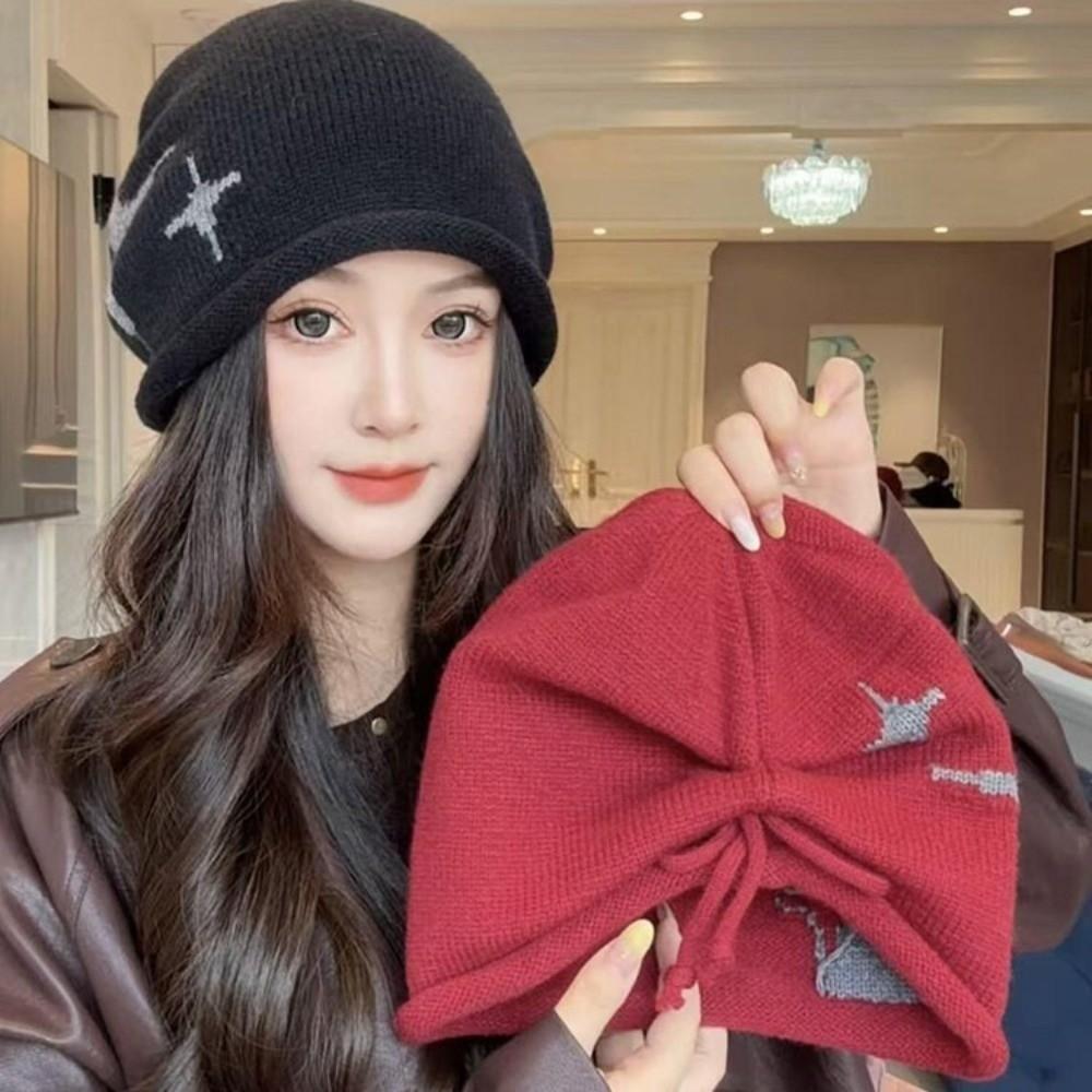Casual Star Pattern Knitted Woolen Hat Thickened Windproof Drawstring Beanie Cap Keep Warm Cold-proof Cover Head Cap Outdoor