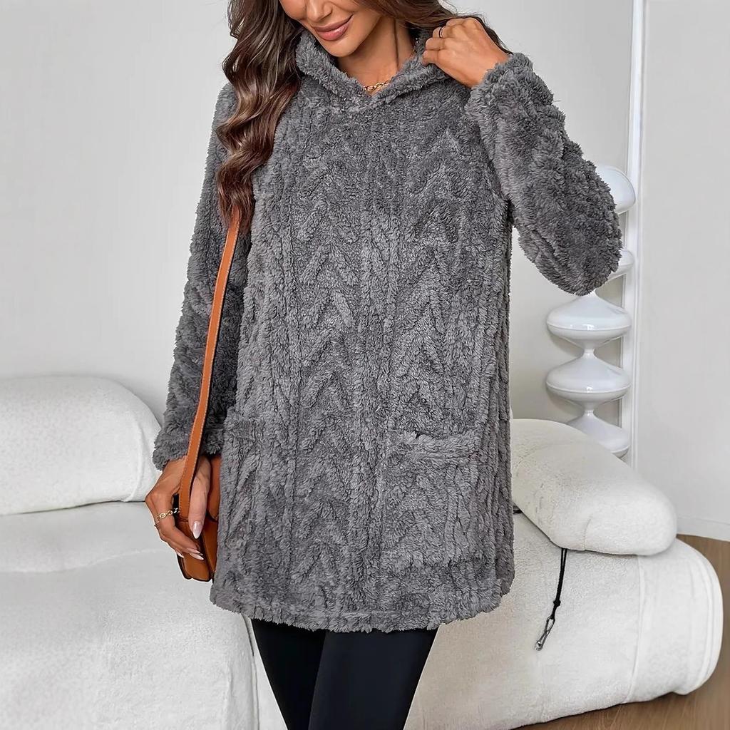 Women's Fashion Casual Solid Color Hooded Sweatshirt With Loose Fit And Fleece Pockets