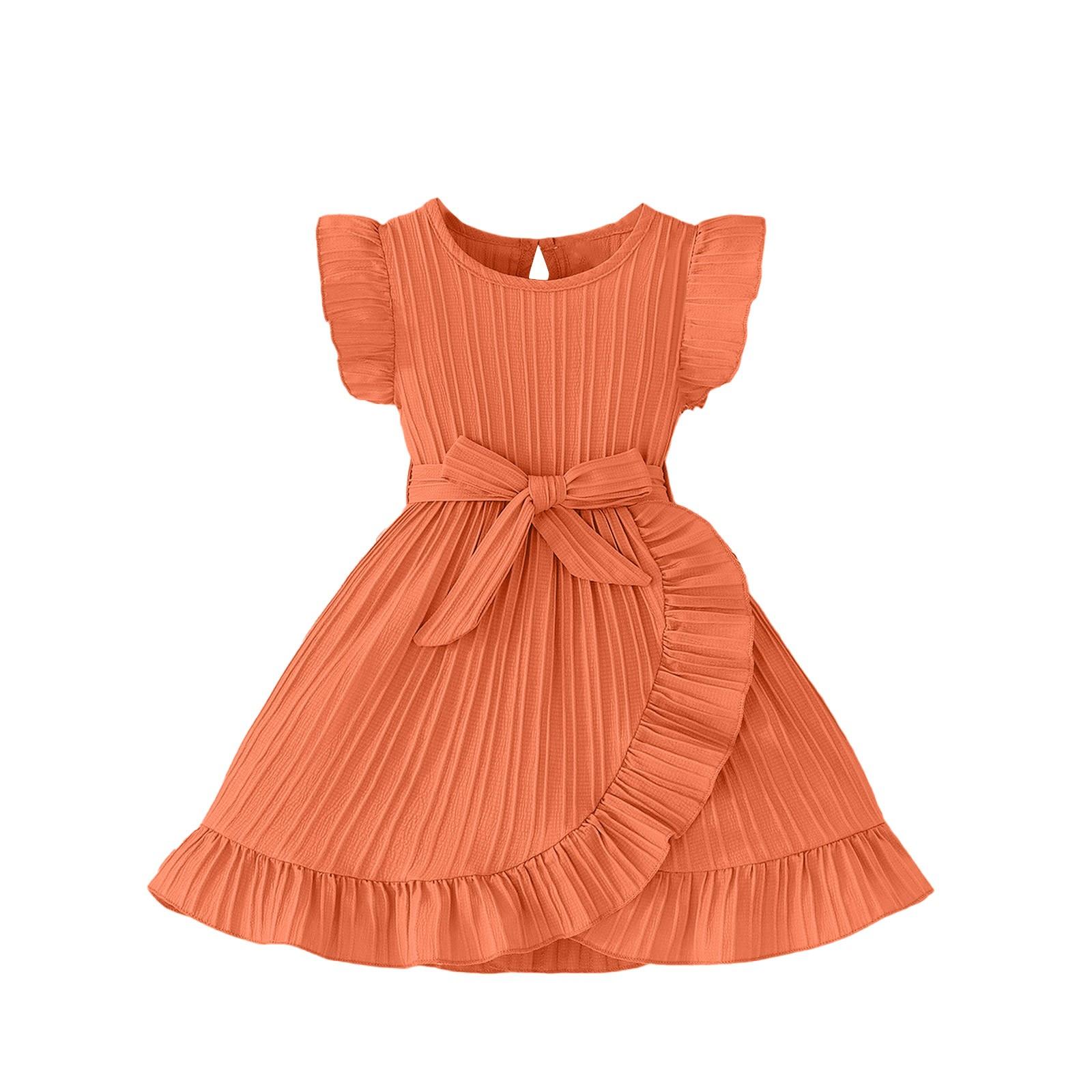 

Girls Sleeveless Dress - Solid Color Belted Sundress 7 помаранчевий