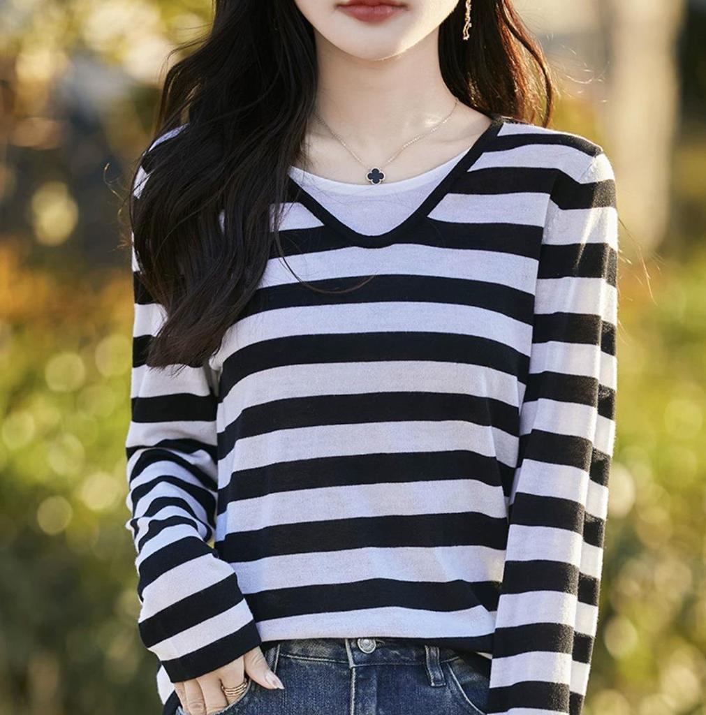Women's V-Neck Color Block Layered Knit Sweater - Long Sleeve, Lightweight