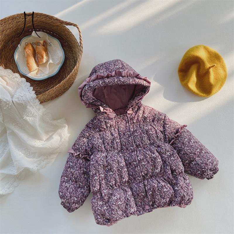Neue Winter-Daunenjacke für Kinder, koreanisches Blumenmädchen, niedlicher westlicher Stil, kältebeständige warme Jacke für Babys