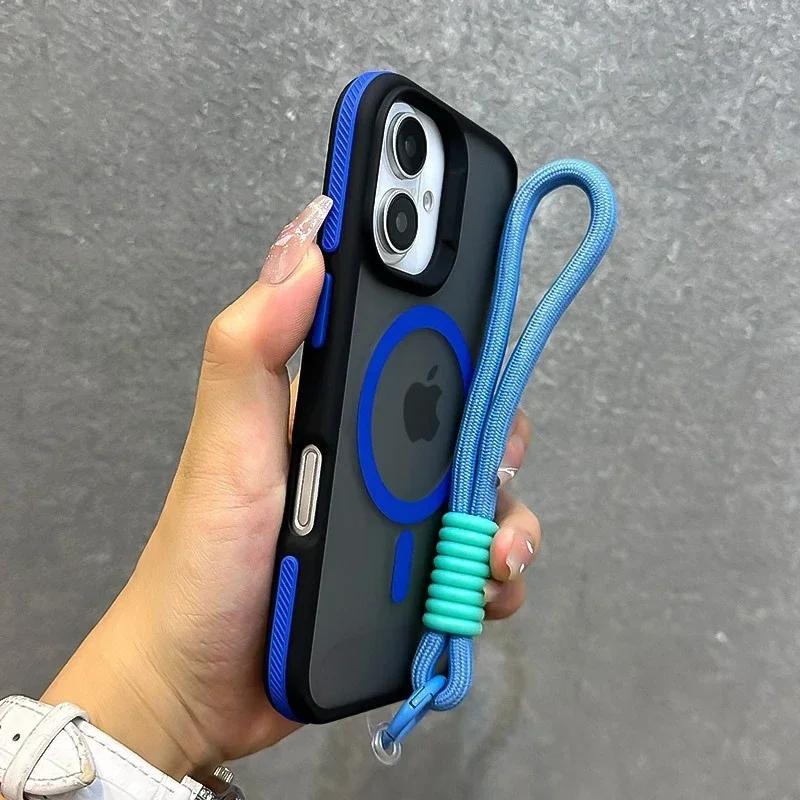 Luksusowe etui na telefon z smyczą, MagSafe, matowe, do iPhone 16 15 14 13 12 11 Pro Max 16 15 14 Plus, magnetyczny zderzak, tylne osłony