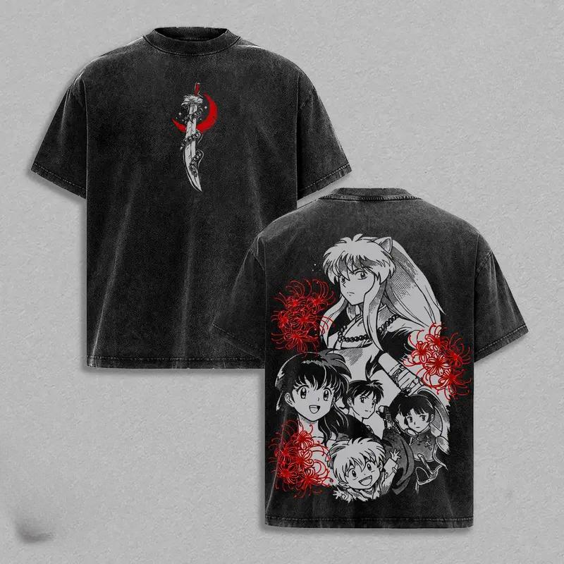Higurashi Kagome Print T-shirt Anime Inuyasha Clothing Men Women Casual Tshirts Retro Washed T Shirt Harajuku Unisex Cotton Tops
