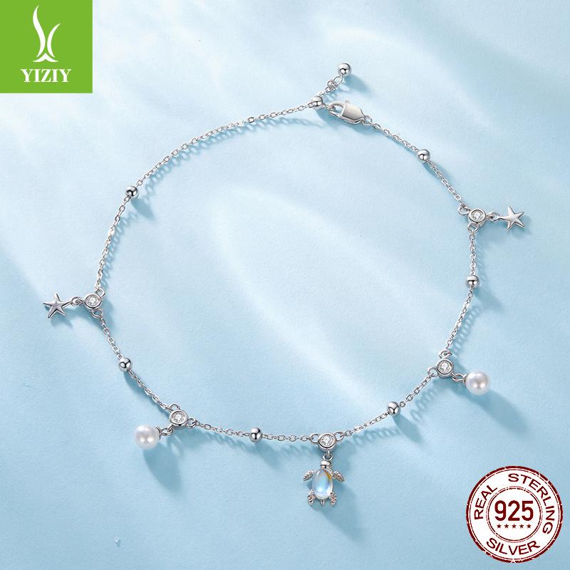 S925 Sterling Silver Turtle Anklet, Popular Moonstone Summer Anklet Jewelry