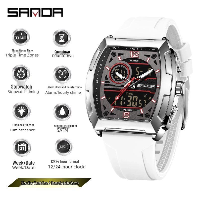 Sanda Хит продаж Спортивные Светящиеся Часы: Большой циферблат, Съемный силиконовый ремешок, Водонепроницаемость 50 м, Таймер обратного отсчета.