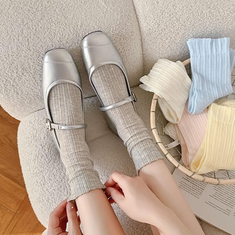 Korean Style Women Socks Summer Cotton Thin Breathable Middle Tube Socks Solid Color White Gray Pink Blue Yellow Long Socks Sox