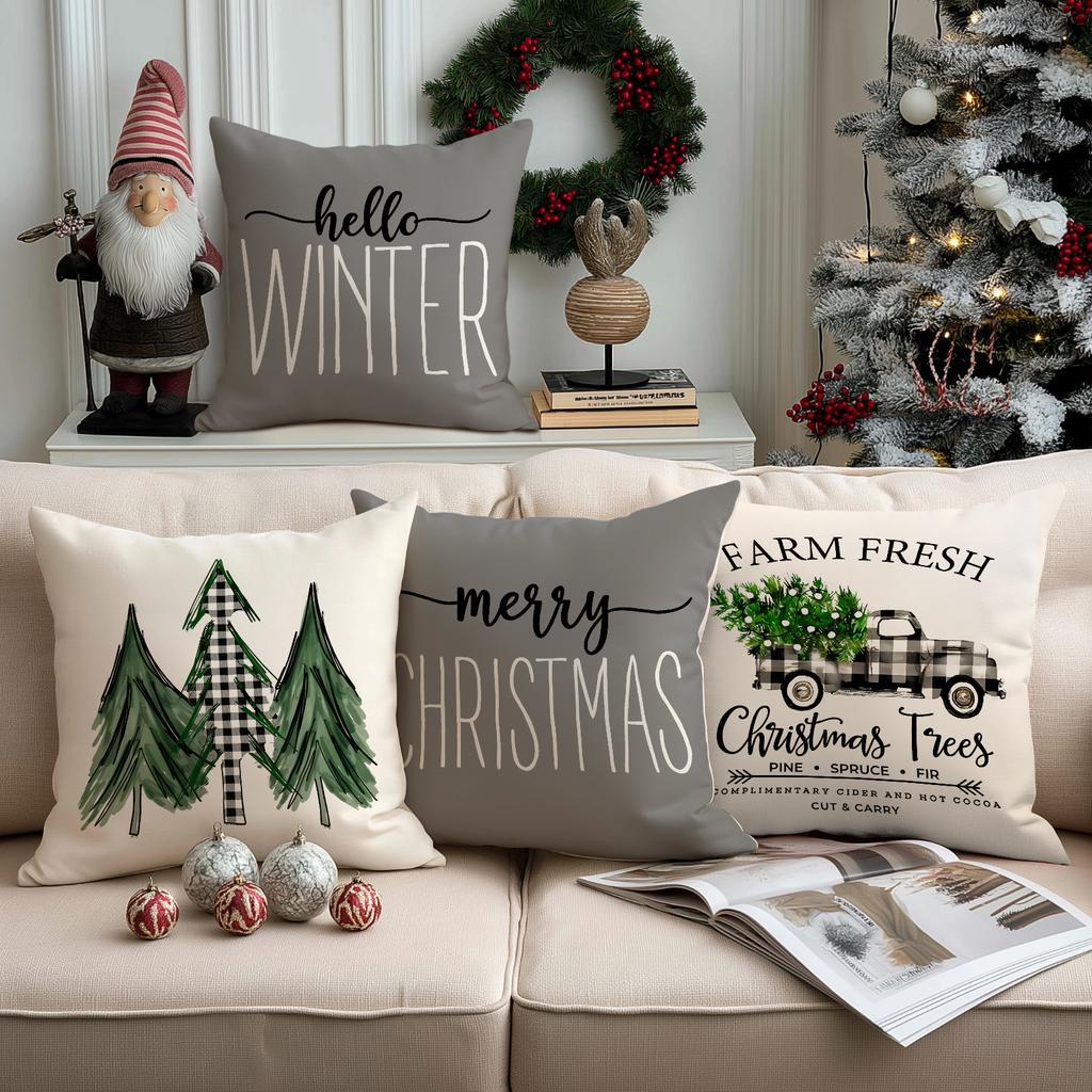 1/4Pcs Gray Christmas Pillowcases, Vintage Truck Christmas Tree Printed Cushion Covers, Winter Holiday Home Sofa Decorations