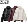 And Winter New Arrivals Women's Clothing Zr European and American Style Foreign Trade Fashionable Versatile Long Pu Leather Washed Jacket Leather Coat
