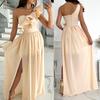 Ärmelloses Kleid mit Seitenschlitz, fließendem Saum und elegantem Design, sexy asymmetrischem Kragen und Rüschenbesatz, Maxikleid, Partykleidung