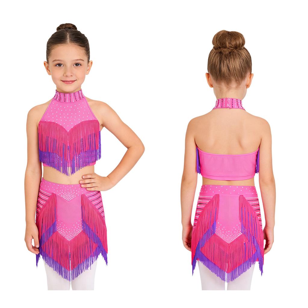 Eye-Catching Latin Dance Top with Skirt for Girls: Halter Neck Rhinestone Tassel Crop Top & Attached Briefs Skirt for Recital