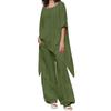 Women's Linen Two-Piece Suit Linen Suit Trousers And Three Quarten Sleeve Irregular Hem Shirts Casual Trouser Suit Round Neck Linen Blouse Loose Linen