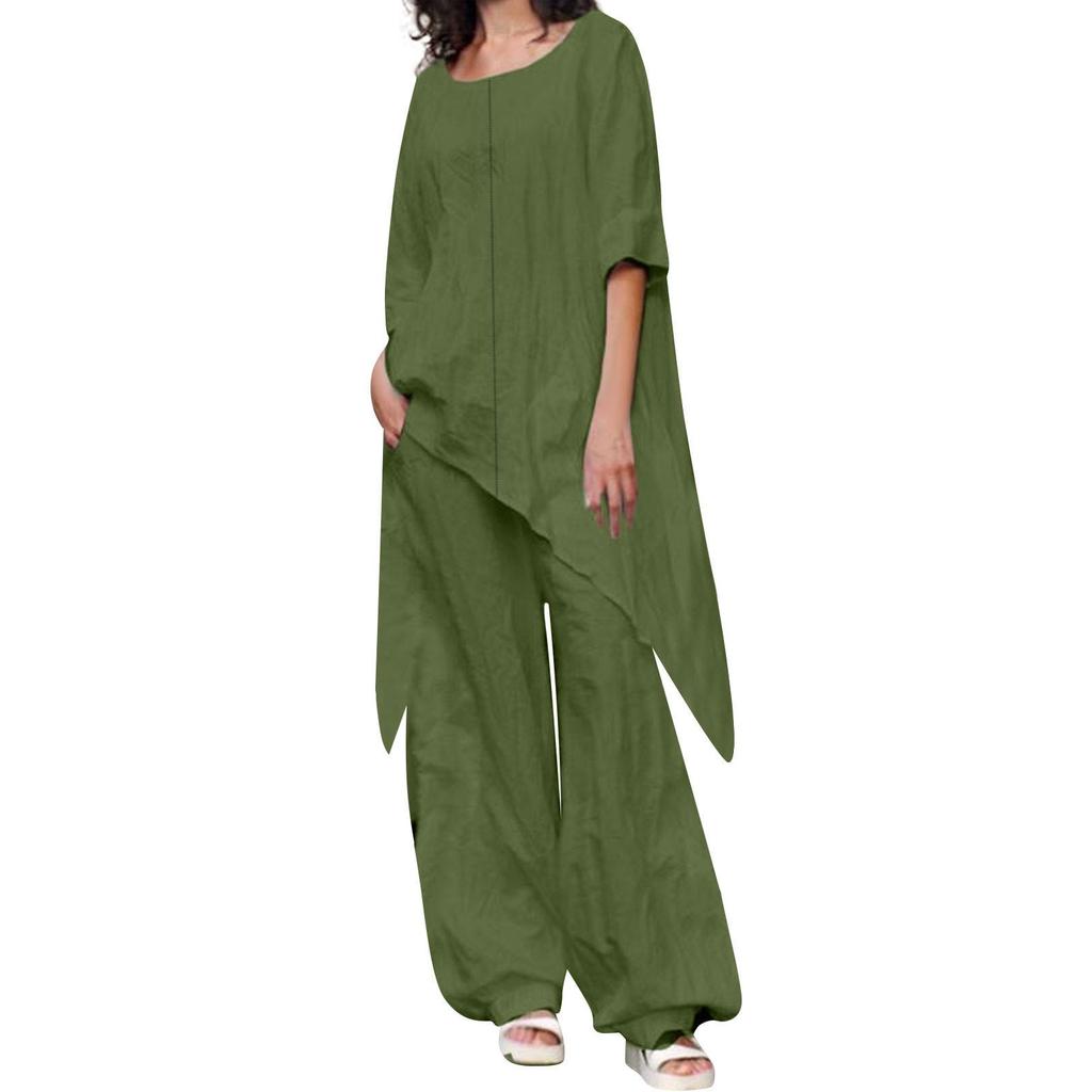 Women's Linen Two-Piece Suit Linen Suit Trousers And Three Quarten Sleeve Irregular Hem Shirts Casual Trouser Suit Round Neck Linen Blouse Loose Linen