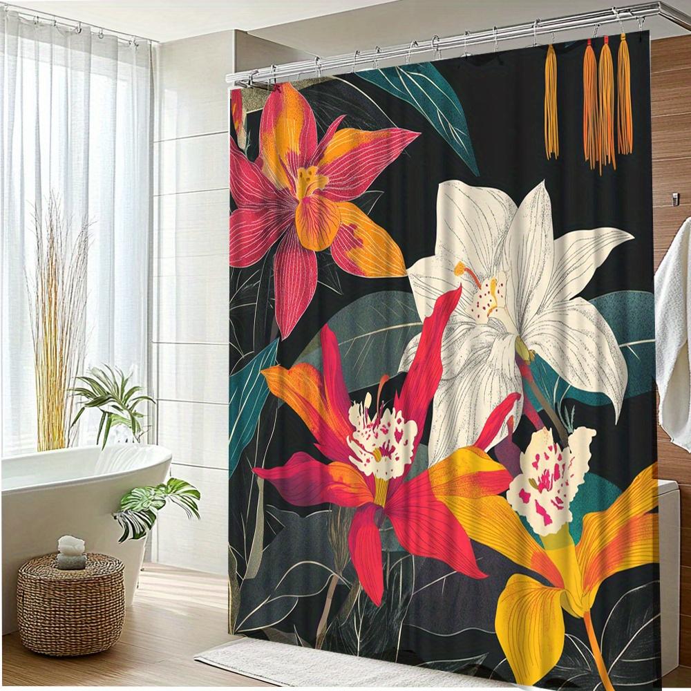 1Pc Vibrant Floral Shower Curtain With Orchids & Lilies On Dark Background - Polyester Bathroom Decor 70.8X70.8 Inches,