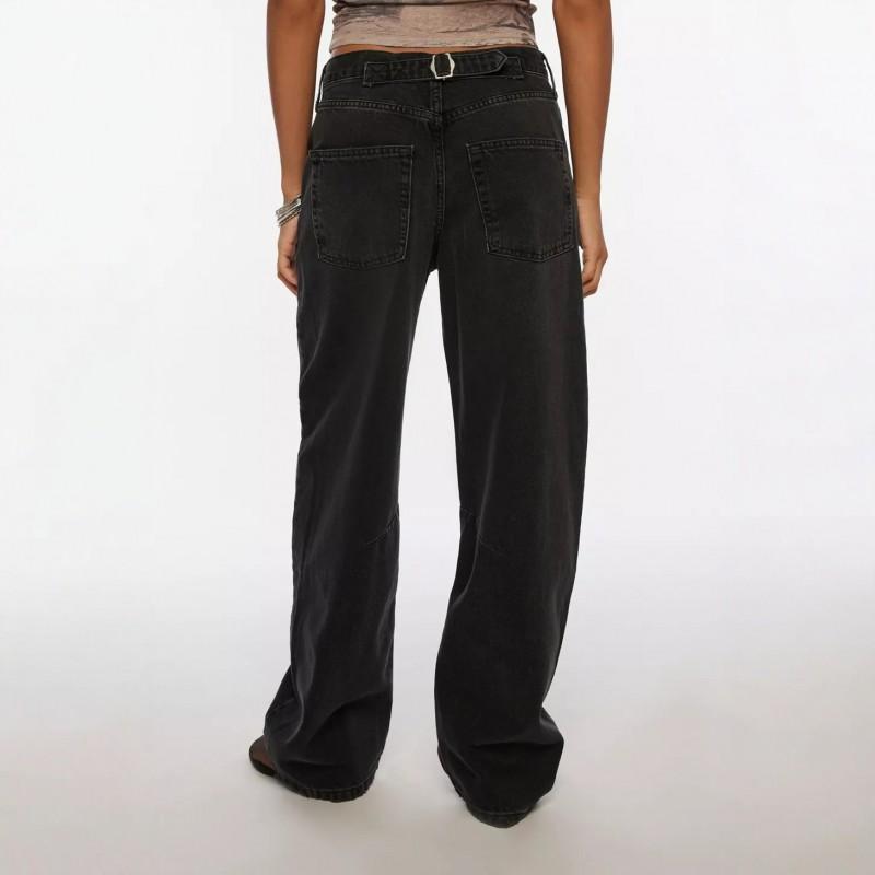 Womens Black Washed Wide Leg Jeans Loose Fit High Street Style Cotton Blend Denim Pants