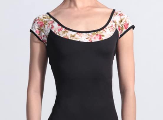 ProDance Ballet Leotard In and Light Blue with Floral Half PLHA015B Women's White, Black, Print, Cup, (L(165), Black)