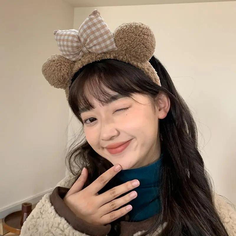 2025 Bowknot Little Bear Ear HairBand Female Winter Cute Cartoon Face Wash Hair Band HairHoop Korean Girl Hair Grotto Headband
