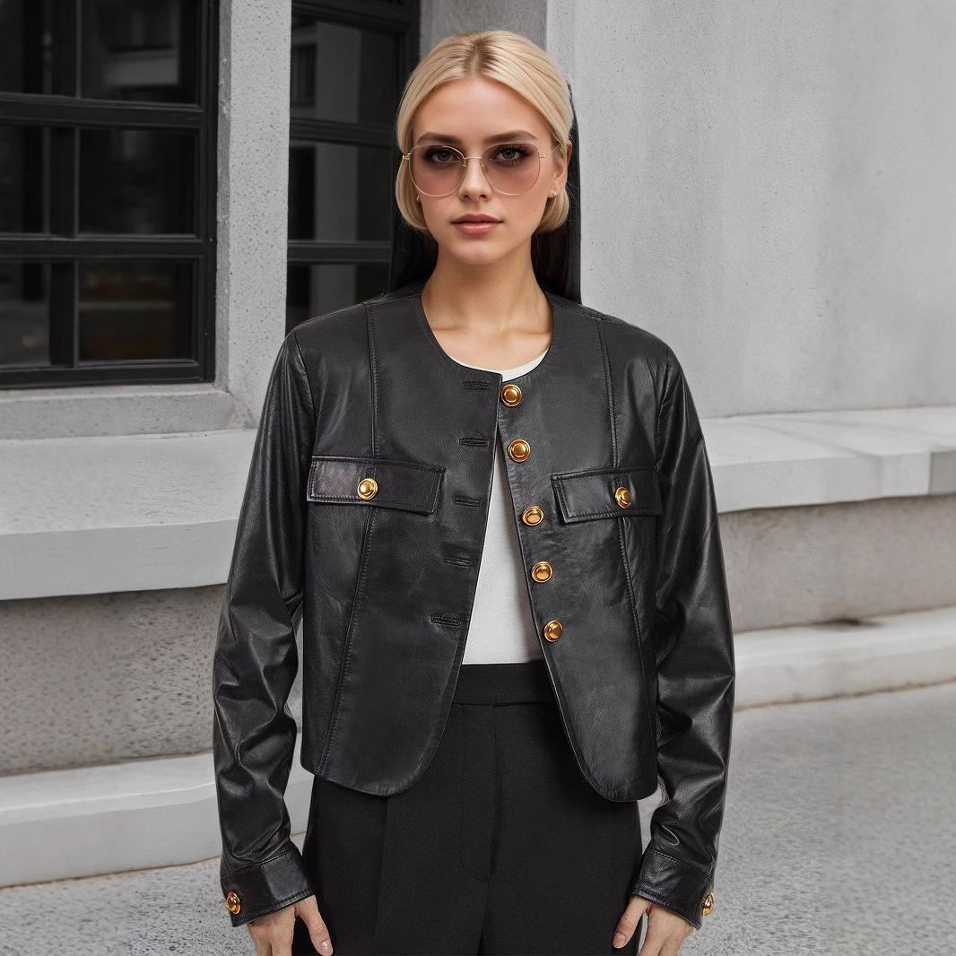 fashion round neck metal buckle embellishment design black gold color scheme new women s clothing long sleeve short PU leather jacket S