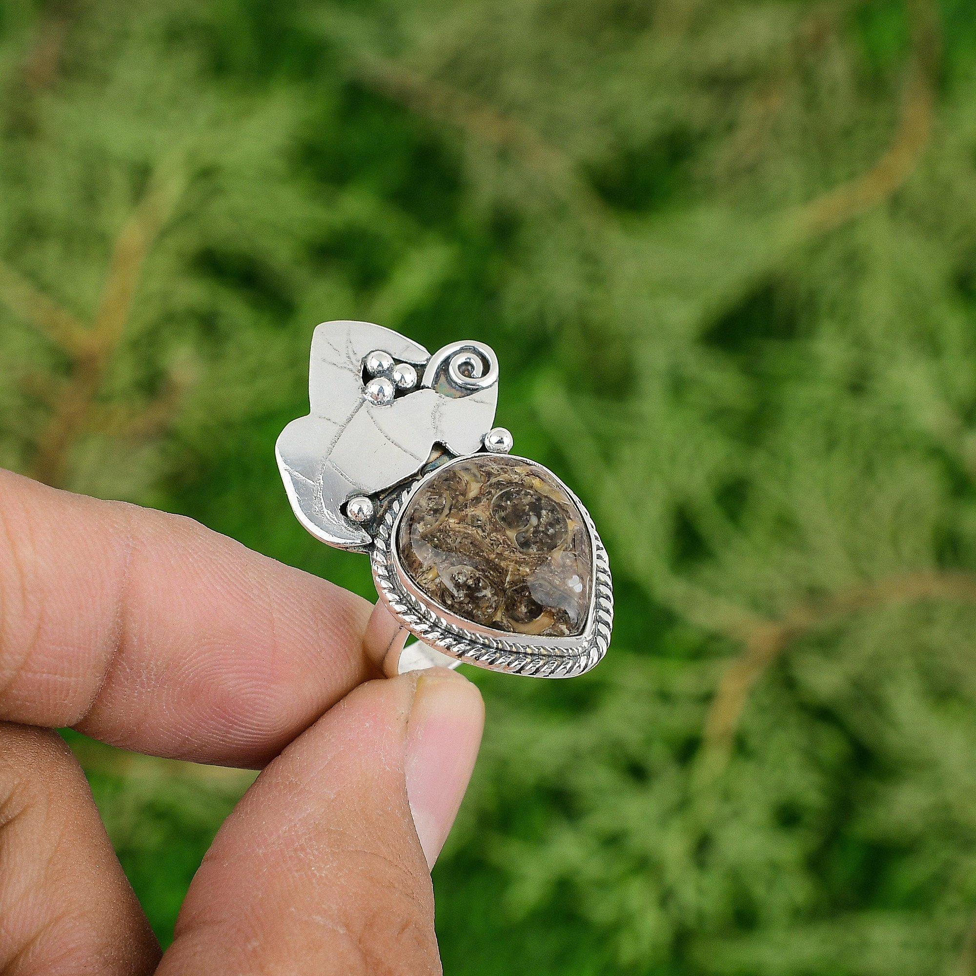 

Natural Turritella Agate Gemstone 925 Silver Statement Ring Size 7.75 For Girls 7.75