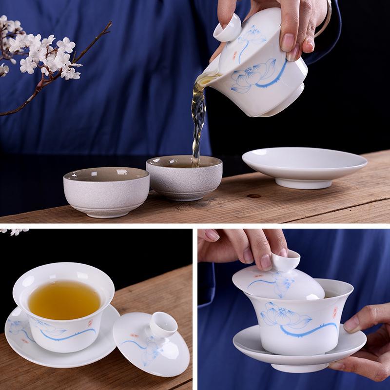 Set de castron de ceai din ceramică chinezească, din porțelan, pictat, albastru și alb, Gaiwan, cu capac, farfurie pentru ceai
